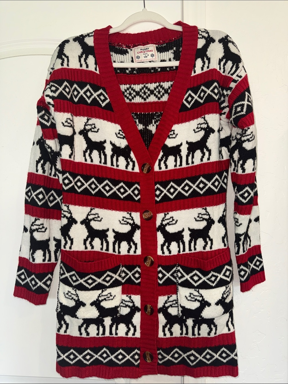 Women’s Red Black & White Reindeer Knit Cardigan